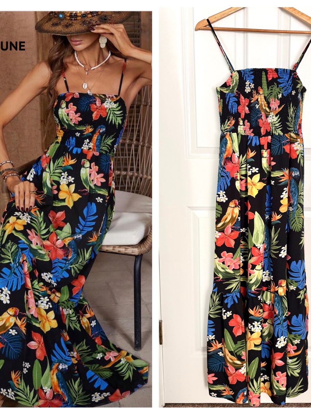 Black Parrot Tropical Floral Maxi Dress - Black Background Smocked Size Large